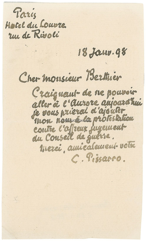 Lot 620 Camille Pissarro: ART AND POLITICS: PISSARRO adds his name to a protest against a controversial acquittal in the notorious DREYFUS AFFAIR