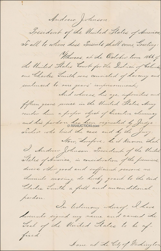 Lot 98 Andrew Johnson: Pardoning a fifteen-year Army veteran