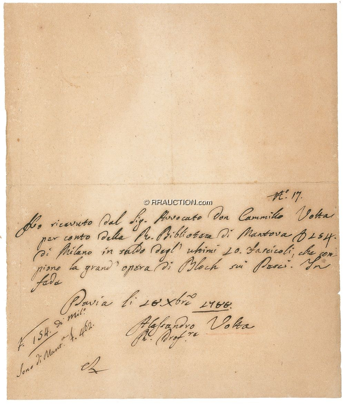 Lot 400 Alessandro Volta: SWIM WITH THE FISHES: VOLTA writes a receipt for a massive study on ichthyology