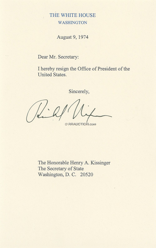 Lot 123 Richard Nixon: ?I hereby resign the Office of President of the United States.?