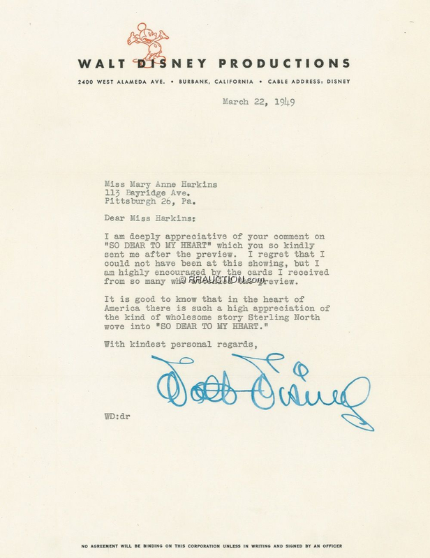 Lot 672 Walt Disney: SO DEAR TO HIS HEART: DISNEY sends warm thanks to a fan of his live-action classic
