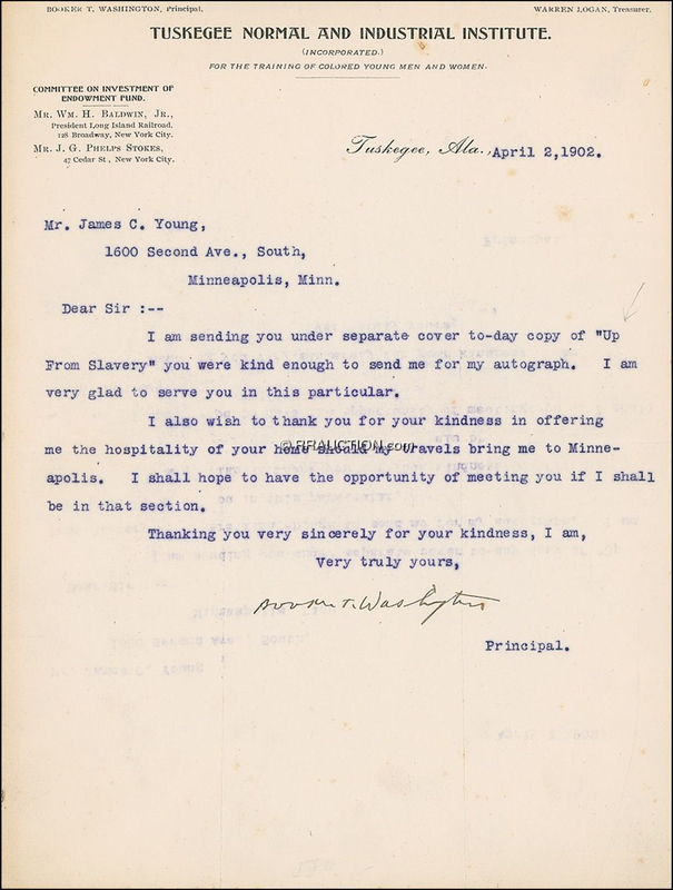 Lot 405 Booker T. Washington: ?I am sending you under separate cover to-day copy of ?Up From Slavery?...?
