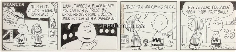 Lot 703 Charles Schulz: NOT-SO-FASTBALL: Original baseball-themed PEANUTS strip featuring Charlie Brown and Peppermint Patty