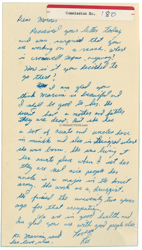 Lot 358 Lee Harvey Oswald: COMMISSION NO. 180: 1961 LEE HARVEY OSWALD letter sent to his mother from Russia, used as an official exhibit during the WARREN COMMISSION investigation