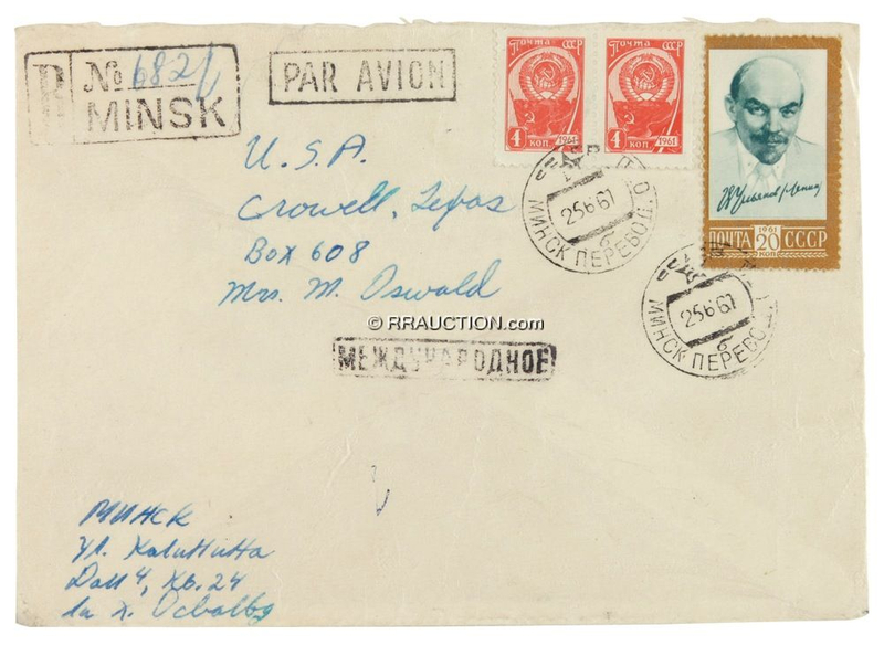 Lot 359 Lee Harvey Oswald: SON OF A GUN: Handwritten envelope sent from Russia by LEE HARVEY OSWALD to his mother and used as an official exhibit during the WARREN COMMISSION investigation