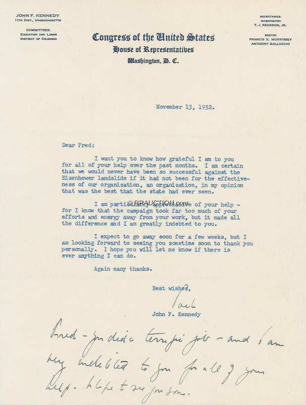 Lot 101 John F. Kennedy: “SUCCESSFUL AGAINST THE EISENHOWER LANDSLIDE”: Days after his first senatorial victory, JFK sends grateful thanks to a supporter
