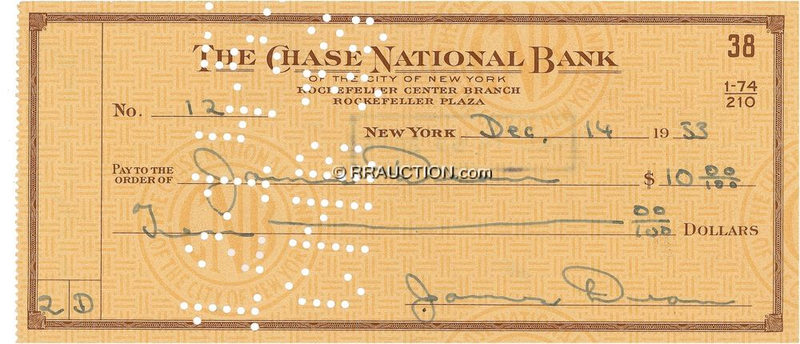 Lot 996 James Dean: DEAN?S GREEN: Rare thrice-signed check from screen legend JAMES DEAN