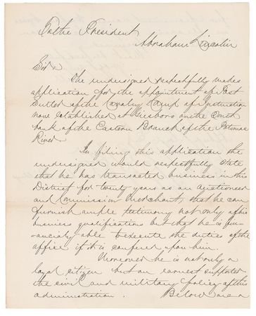 Lot #108 Abraham Lincoln: MERCHANT OF WAR: LINCOLN forwards an application for a ?sutler? - Image 1