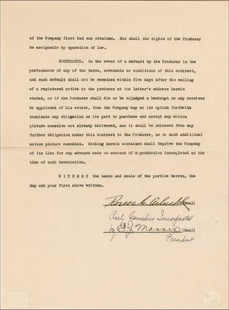 Lot #922 Roscoe ?Fatty? Arbuckle: Less than a year after the verdict that finally exonerated him of a notoriously lurid accusation, ?FATTY? ARBUCKLE attempts to resuscitate his career with a new contract as producer - Image 1