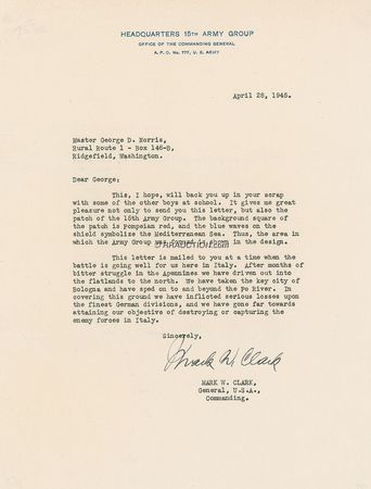 Lot #427 Mark W. Clark: “We have gone far towards attaining our objective of destroying or capturing the enemy forces in Italy” - Image 2