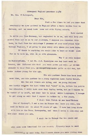 Lot #1082 Harry Houdini: Proclaiming himself ?master of my craft,? HOUDINI sends two letters to his friend, famed spiritualist IRA ERASTUS DAVENPORT, during his triumphant European tours of 1908?09 - Image 1