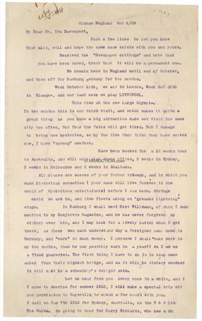 Lot #1082 Harry Houdini: Proclaiming himself ?master of my craft,? HOUDINI sends two letters to his friend, famed spiritualist IRA ERASTUS DAVENPORT, during his triumphant European tours of 1908?09 - Image 4