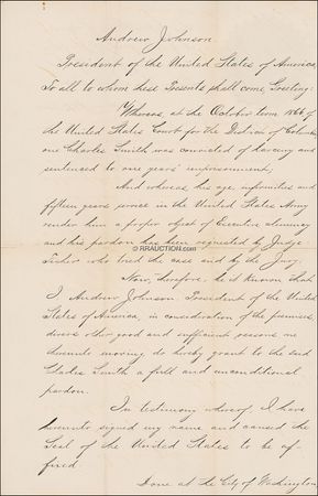 Lot #98 Andrew Johnson: Pardoning a fifteen-year Army veteran - Image 1