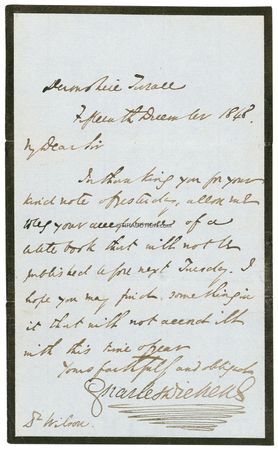 Lot #573. Charles Dickens: &ldquo;It will not accord ill with this time of year&rdquo;: DICKENS sends a copy of this fifth and final Christmas book