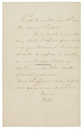Lot #491 J. E. B. Stuart: Noted ladies man J. E. B. STUART postpones a visit as he “would dislike to appear in such an unpresentable a costume as the roads would give me.” - Image 3
