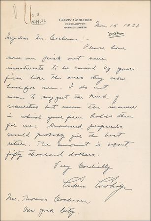 Lot #32 Calvin Coolidge Handwritten Letter Signed