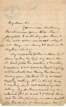 Lot #673 P. T. Barnum: Barnum attempts to recruit a new employee, “We think it is a most healthy calling. It is lively, busy & exciting, but not sickening or killing.” - Image 1