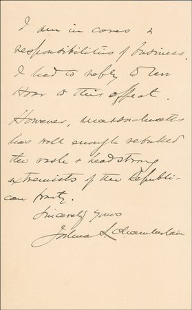 Lot #307 Joshua Lawrence Chamberlain: Speaking on the McKinley Tariff Act: ?Massachusetts has well enough rebuked the rash & headstong extremists of the Republican Party.? - Image 2
