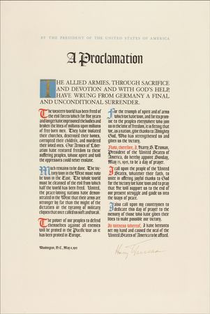 Lot #137 Harry S. Truman: Truman announces the Allied victory over Germany - Image 1