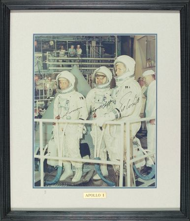 Lot #344 Apollo 01: SPACE-RACE TRAGEDY: Rare oversized photo signed by all three crew members of the ill-fated APOLLO 01 mission - Image 1