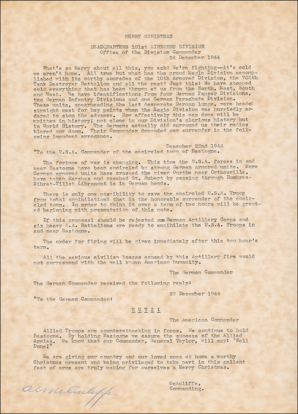 Lot 355 Anthony McAuliffe: Signing the full story of his famous “four-letter word”