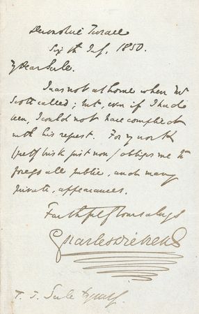 Lot #475. Charles Dickens: Writing the final chapters of David Copperfield, Dickens notes that &ldquo;my work [is] pretty brisk right now&rdquo;