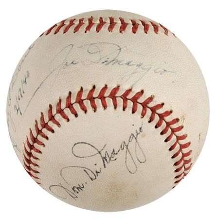 Lot #1355 Joe DiMaggio, Dom DiMaggio, and Lefty O’Doul Baseball - Image 1