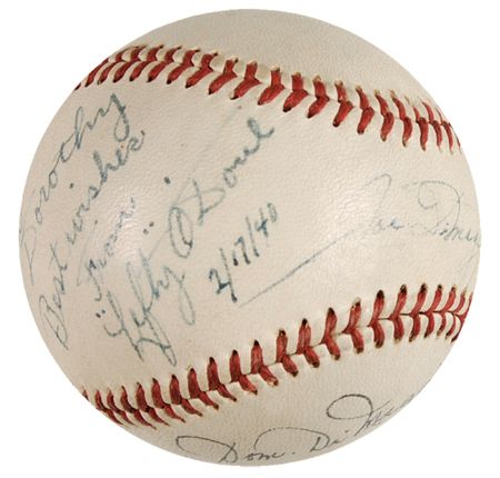 Lot #1355 Joe DiMaggio, Dom DiMaggio, and Lefty O’Doul Baseball - Image 2