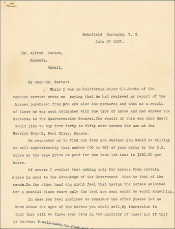 Lot #362 George S. Patton: The future general as horse trader: “I realise that asking only for horses from certain sires is more to the advantage of the Government than to that of the ranch” - Image 1