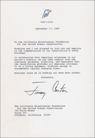 Lot #13 Jimmy Carter: On the Constitution: “A