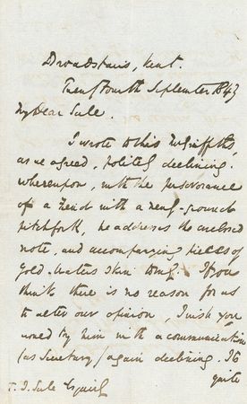 Lot #478. Charles Dickens: Dickens again refuses help from a merchant coming at him &ldquo;perseverance of a Fiend with a newly-ground pitchfork.&rdquo;