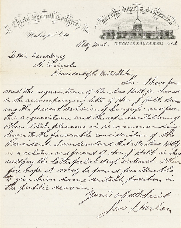 Lot 91 Abraham Lincoln: THE FAMILY WAY: Lincoln grants the request of a senator who would later become father-in-law to his son, Robert Todd Lincoln