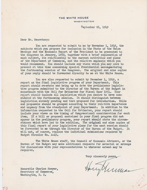 Lot 155 Harry S. Truman: ?The subjects which you propose for inclusion in the State of the Union Message?