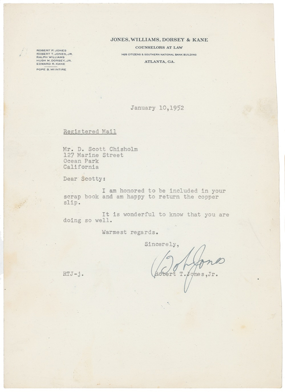 Lot 1502 Bobby Jones Typed Letter Signed