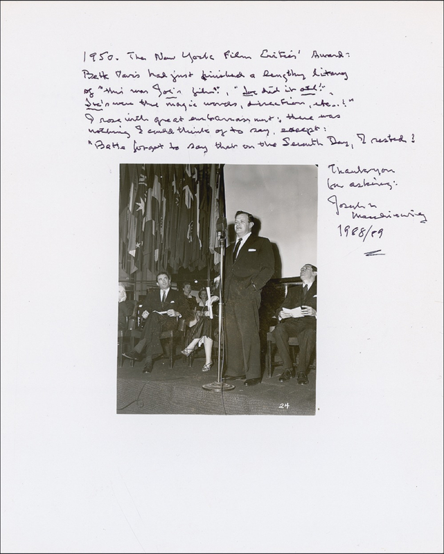 Lot 1210 Joseph Mankiewicz: ?I rose with great embarassment; there was nothing I could think of to say except, ?Bette forgot to say on the Seventh Day I rested.??