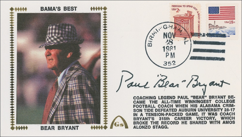 Lot 1448 Paul ?Bear? Bryant Commemorative Cover