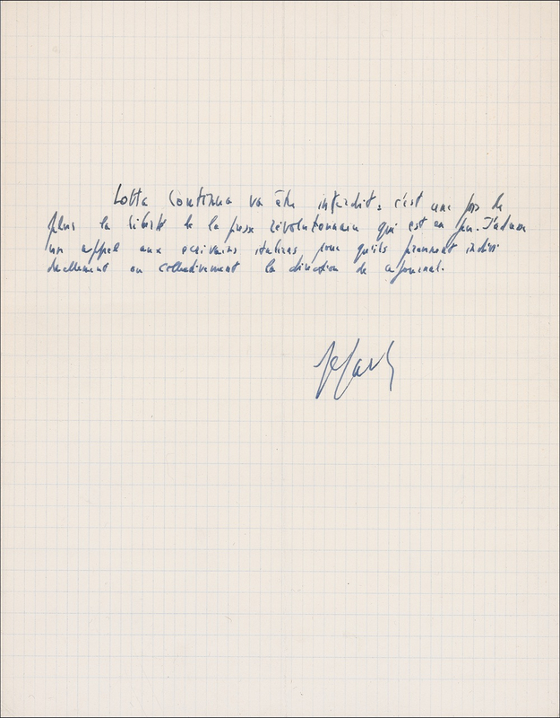 Lot 584 Jean-Paul Sartre Signed Note