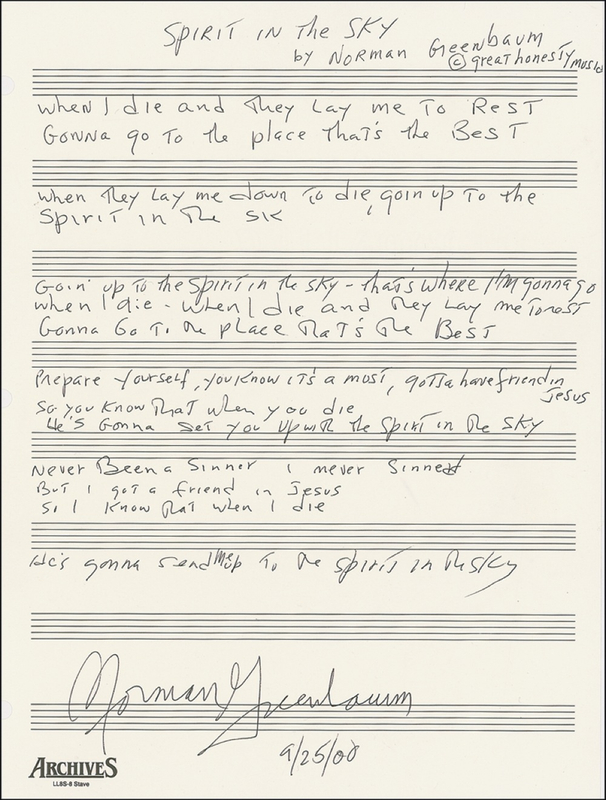 Lot 757 Norman Greenbaum Handwritten Lyrics