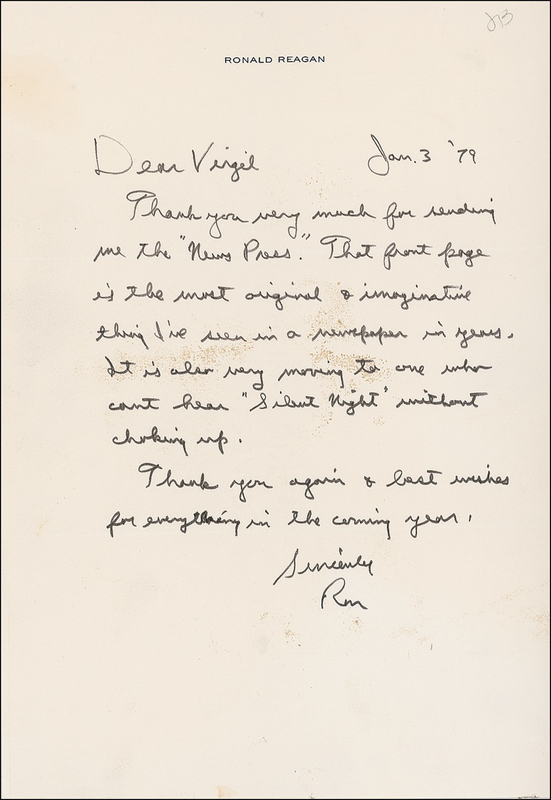Lot 130 Ronald Reagan: “Very moving to one who can’t hear ‘Silent Night’ without choking up”