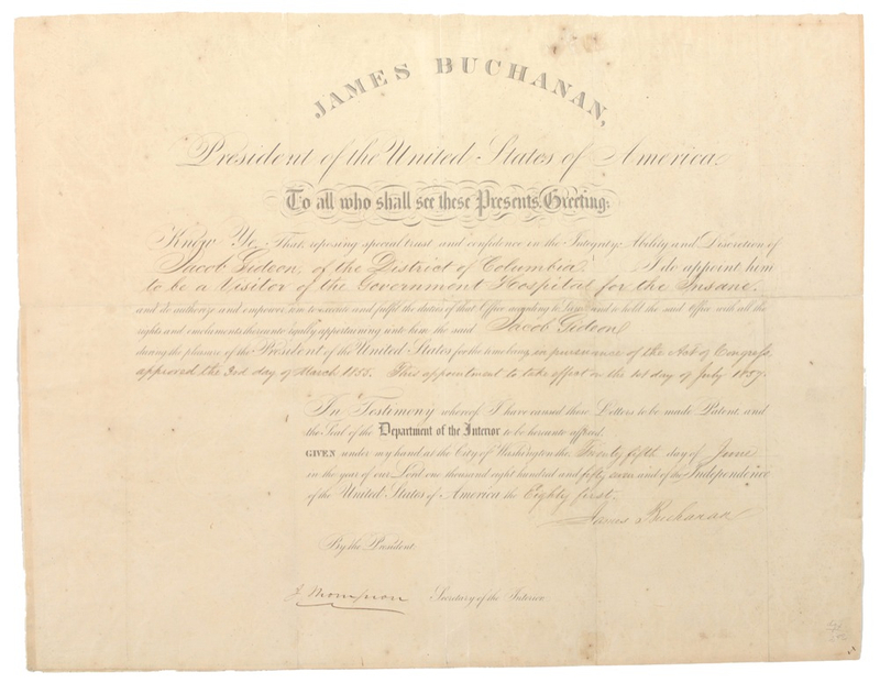 Lot 16 James Buchanan: Buchanan appoints a visitor to “the Government Hospital for the Insane,” later renamed St. Elizabeth’s