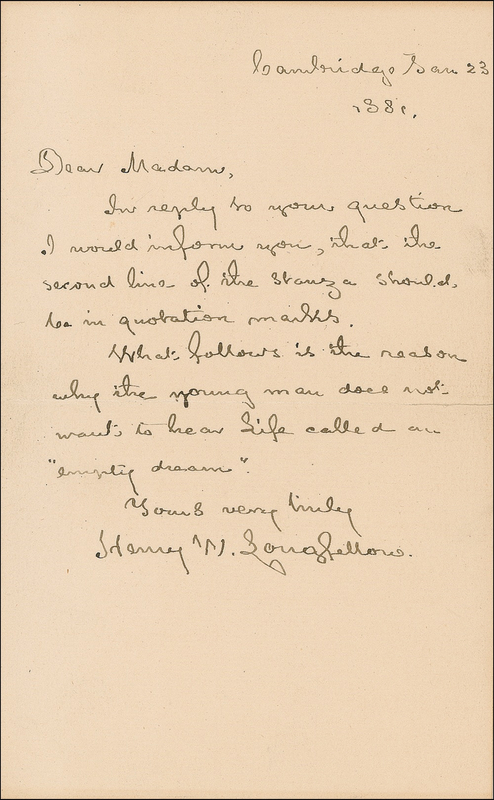 Lot 540 Henry Wadsworth Longfellow: Punctuation for one of his best-known poems