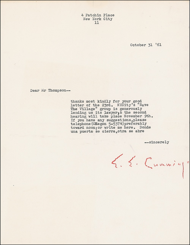 Lot 492 E. E. Cummings Typed Letter Signed