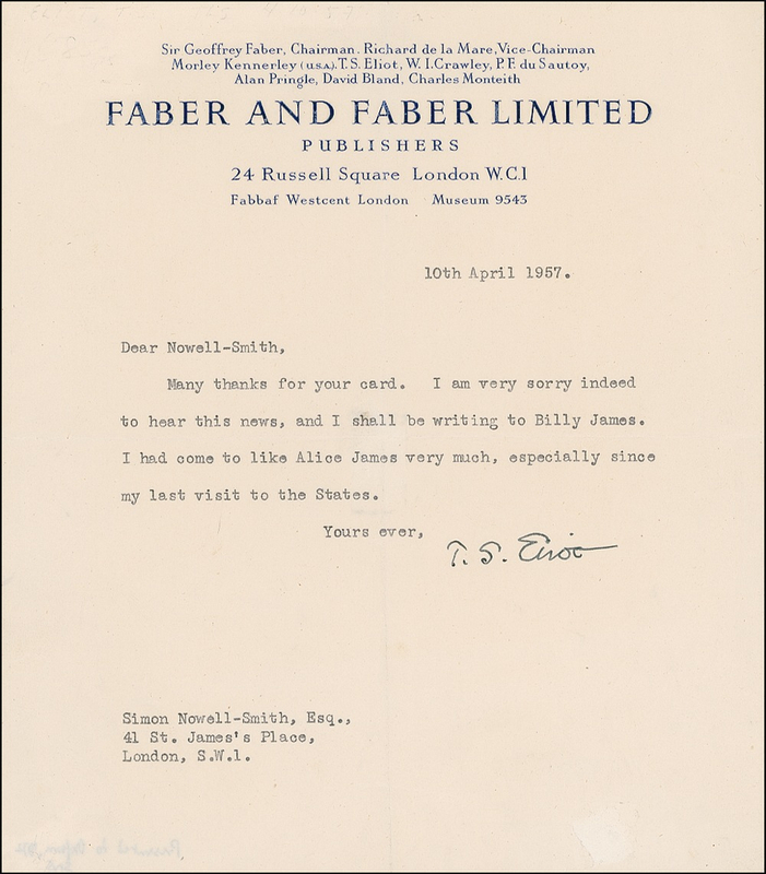 Lot 504 T. S. Eliot Typed Letter Signed