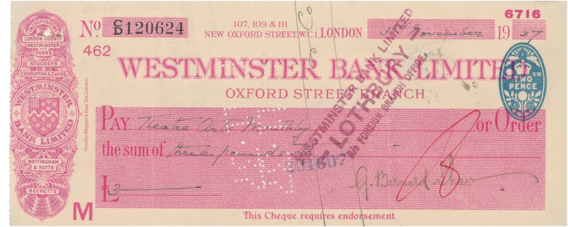 Lot 587 George Bernard Shaw Check