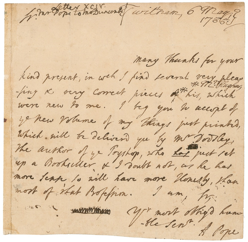 Lot 573 Alexander Pope: “I beg you to accept of ye New Volume of my things just printed”: POPE sends a copy of one his final books