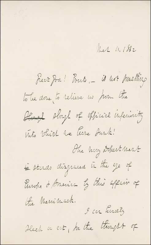 Lot 495 Richard Henry Dana, Jr.: Writing on the two great ironclads of the Civil War: ?Disgraced in the eye of Europe & America by this affair of the Merrimack?