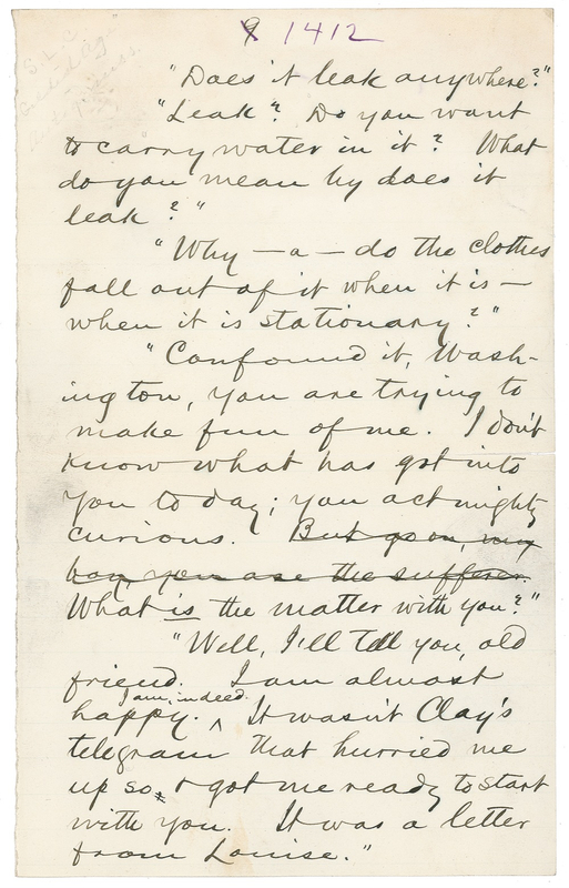 Lot 483 Samuel L. Clemens: “Confound it, Washington, you are trying to make fun of me”: Original page from Twain’s manuscript for The Gilded Age