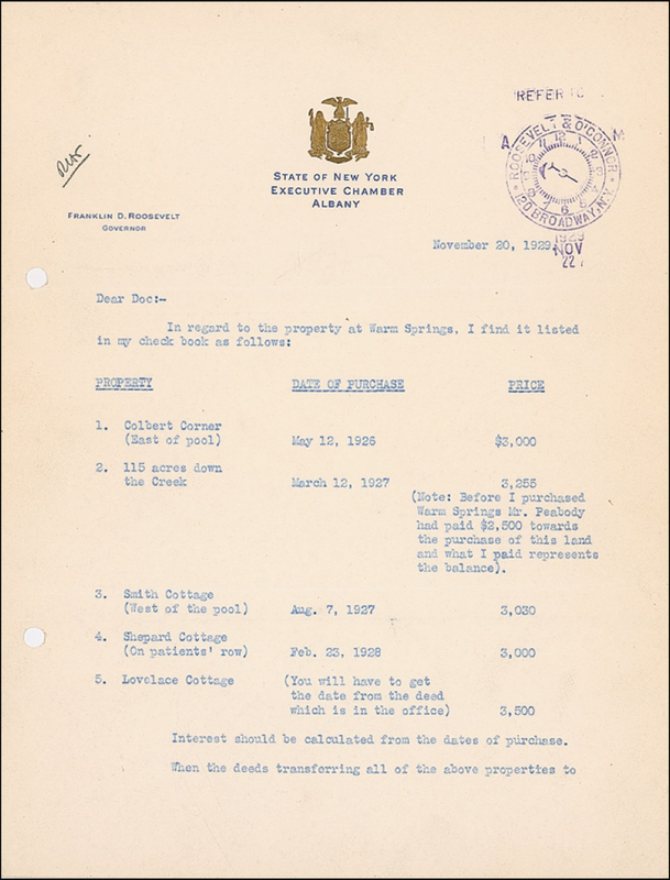 Lot 139 Franklin D. Roosevelt: A month after Black Tuesday
