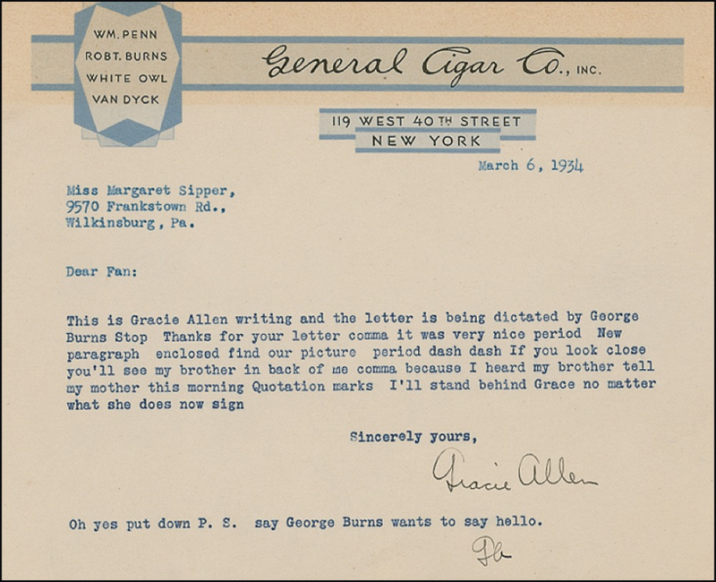 Lot 944 Gracie Allen Typed Letter Signed