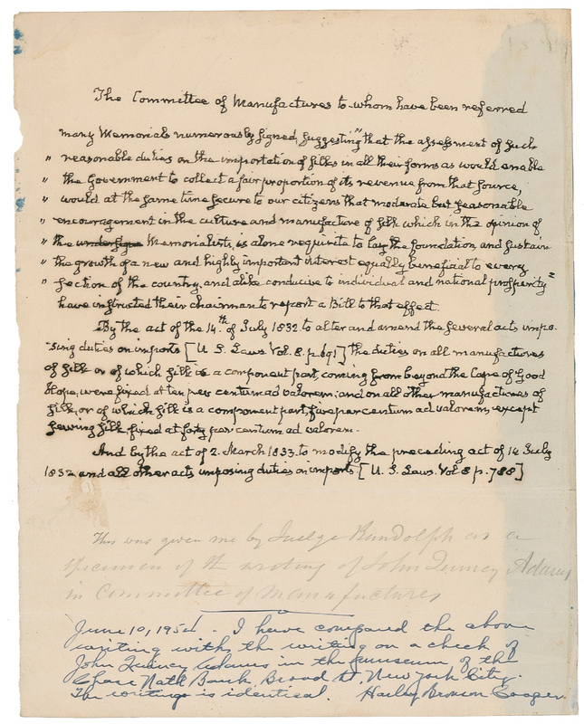 Lot 7 John Quincy Adams: ?A NEW AND HIGHLY IMPORTANT INTEREST?: ADAMS promotes the growth of the American silk industry